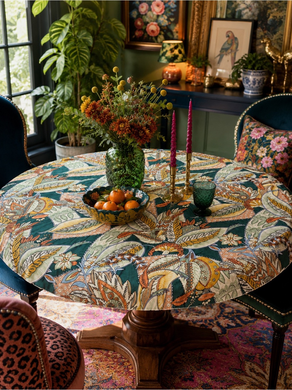 Round Tablecloth Maximalist Vintage Leaf Floral Teal Mustard 64” Diameter